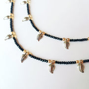 Silver Leaf Black Beaded Anklet Set